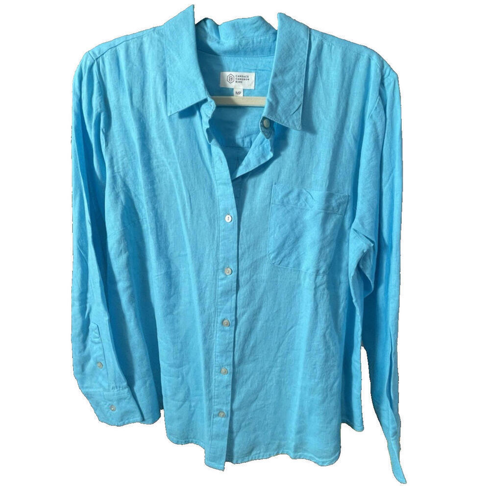 Candace Cameron Bure Blue Women's Top Med Petite MP Linen Blend Button